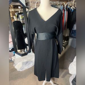 Vintage Jean Allen black dress knee length belt tie back dolman long sleeves
